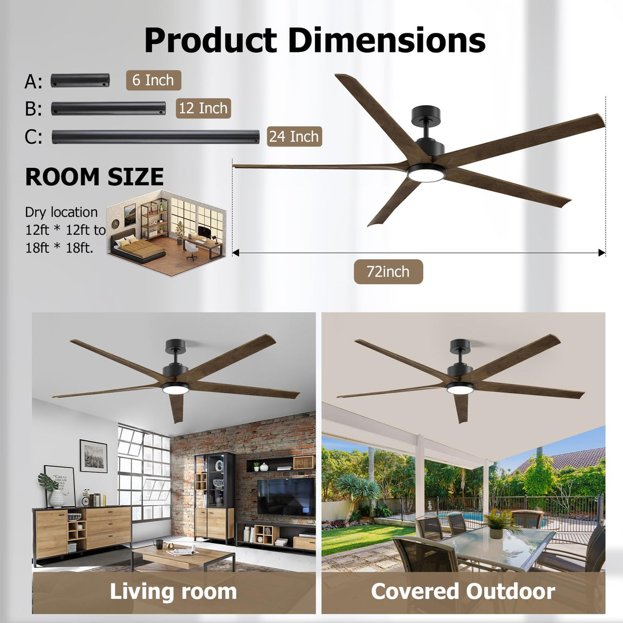 Doozoler 72 Inch Large Ceiling Fan with Light and Remote, Indoor Outdoor Ceiling Fans for Patios Bedroom, 5 Blades Wood Ceiling Fan High CFM 6-Speed Noiseless Reversible DC Motor Ceiling Fan Doozoler