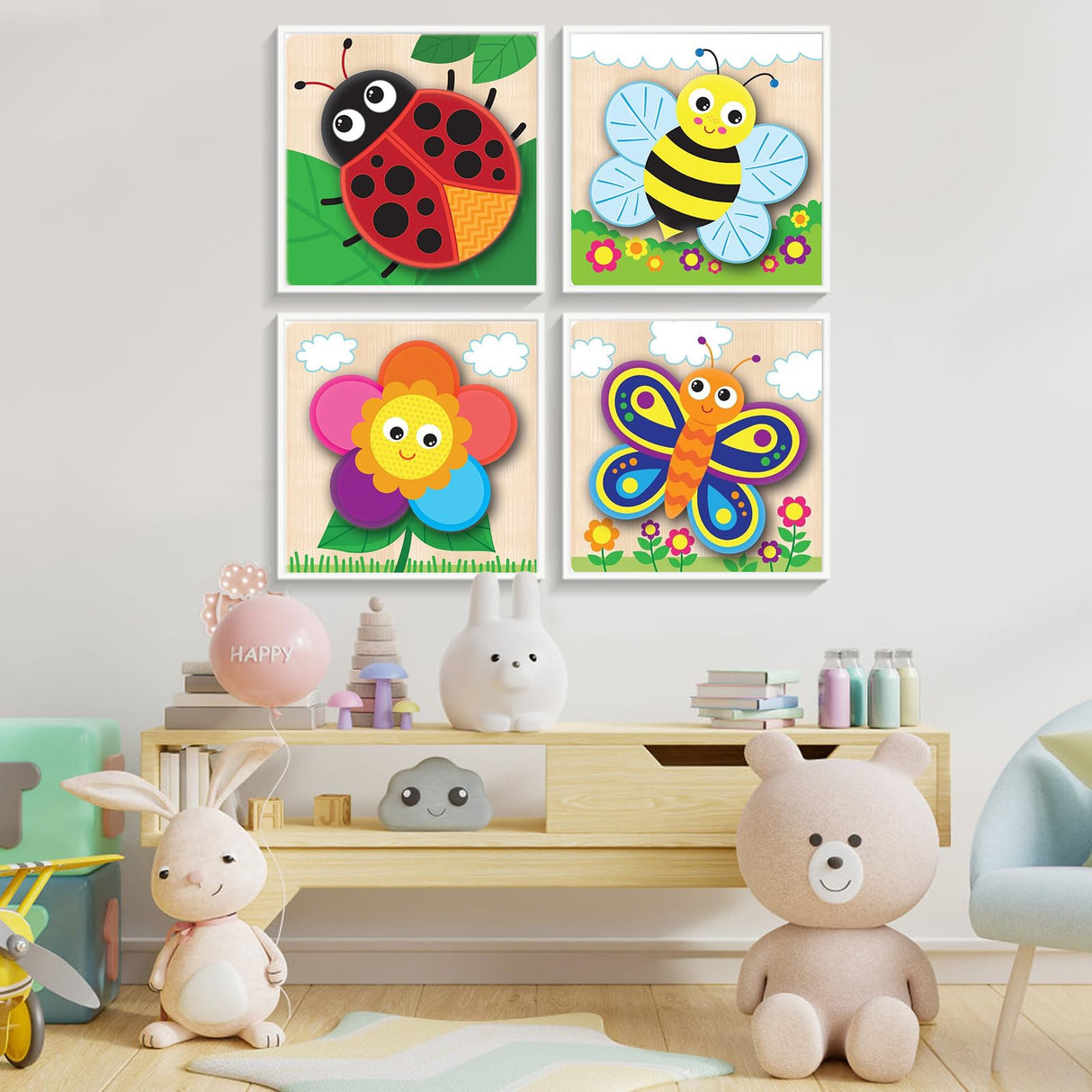 Framed 4 Pack Paint by Numbers Kit for Kids, Cute Cartoon Paint by Number for Kids Ages 4-8 Easy Kids Paint by Number Kits Age 8-12, DIY Acrylic Oil Painting by Numbers for Home Wall Decor 8x8 Inch Fountor