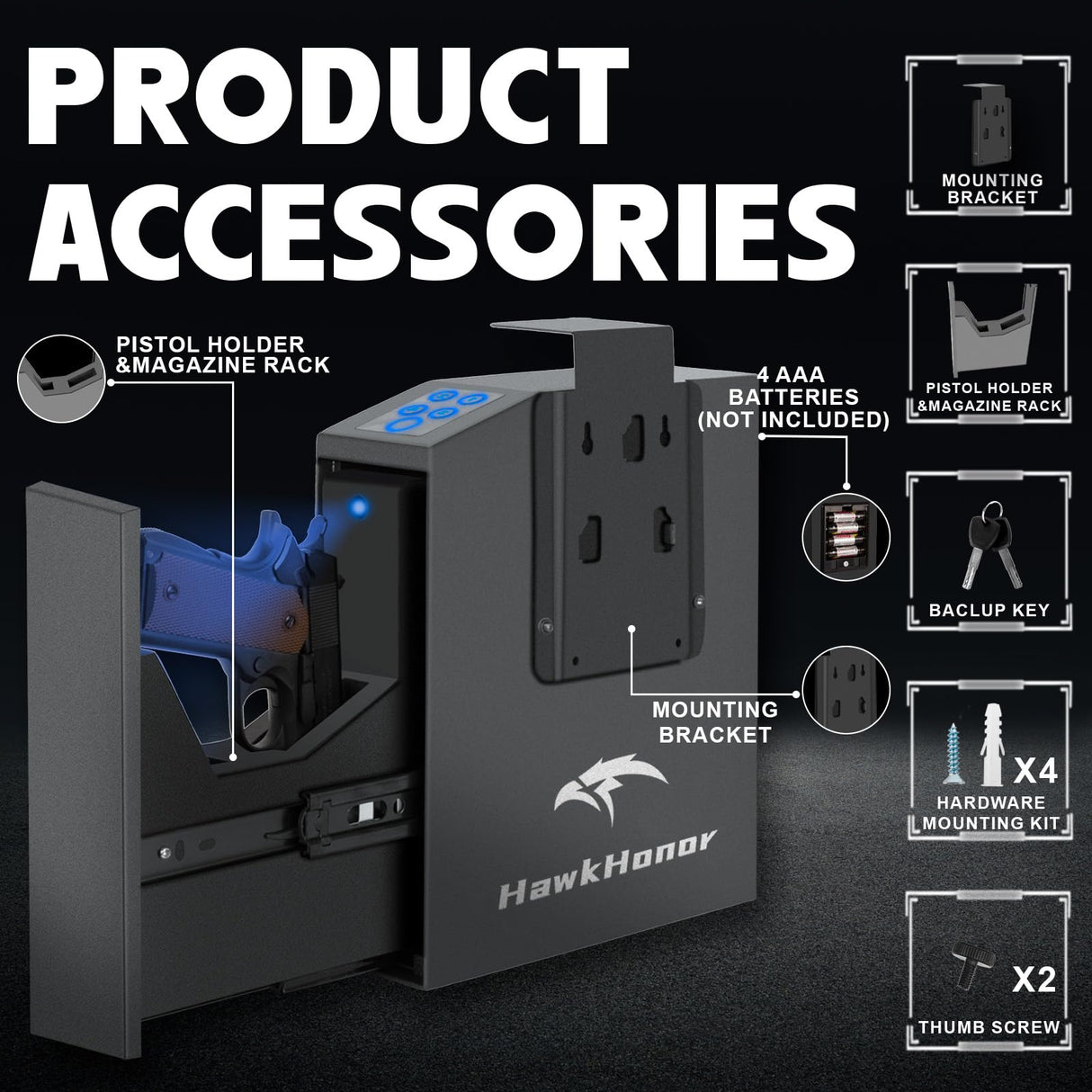 HAWKHONOR Biometric Gun Safe For Handgun, Nightstand Gun Safe, Gun Lock Box For Desk, Car, Truck, Slider Fingerprint Gun Safe Bedside, Quick Release Gun Safe With Fingerprint, PIN Code, Key Access HAWKHONOR