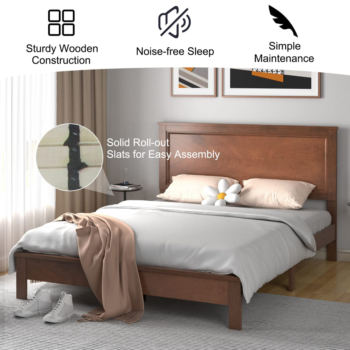 KOMFOTT Mid Century Queen Bed Frame with Headboard – Solid Wood Slats & Easy Assembly KOMFOTT