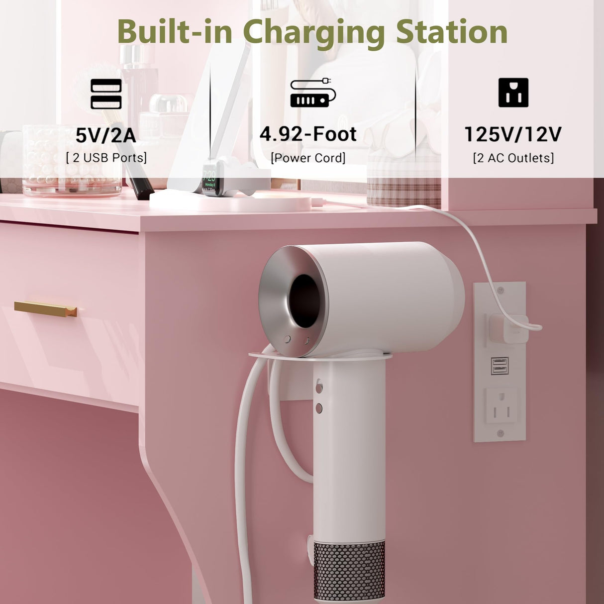 Small Vanity Desk with Mirror and Lights, Makeup Vanity with LED Lights, Pink Vanity Mirror with Lights Desk and Chair, 3 Lighting Adjustable Compact Vanity Mirror with Lights for Women, Girls HUANLEGO