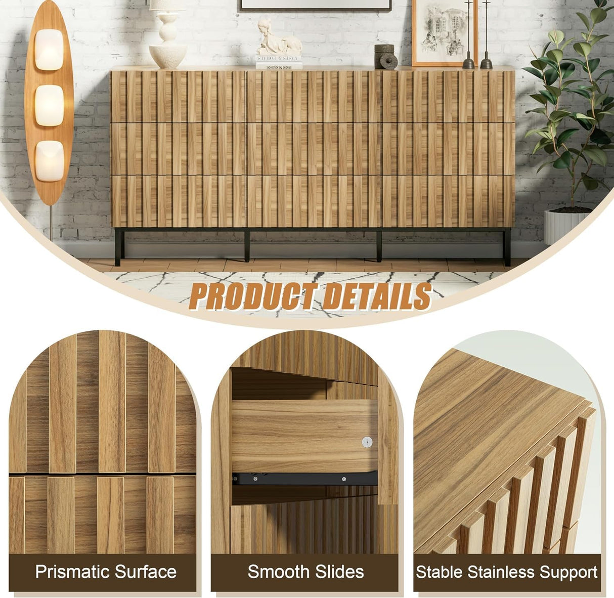 UEV Mid Century Modern Dresser,9 Drawer Dresser for Bedroom Natural Wood,Light and Fluted Double Chest of Drawers,Accent Large Storage Dresser with Metal Stand UEV