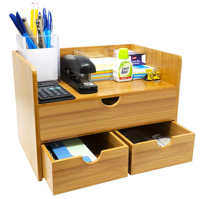 Sorbus 3-Tier Bamboo Desk Organizer with Drawers and Shelf for Stylish Workspace Storage