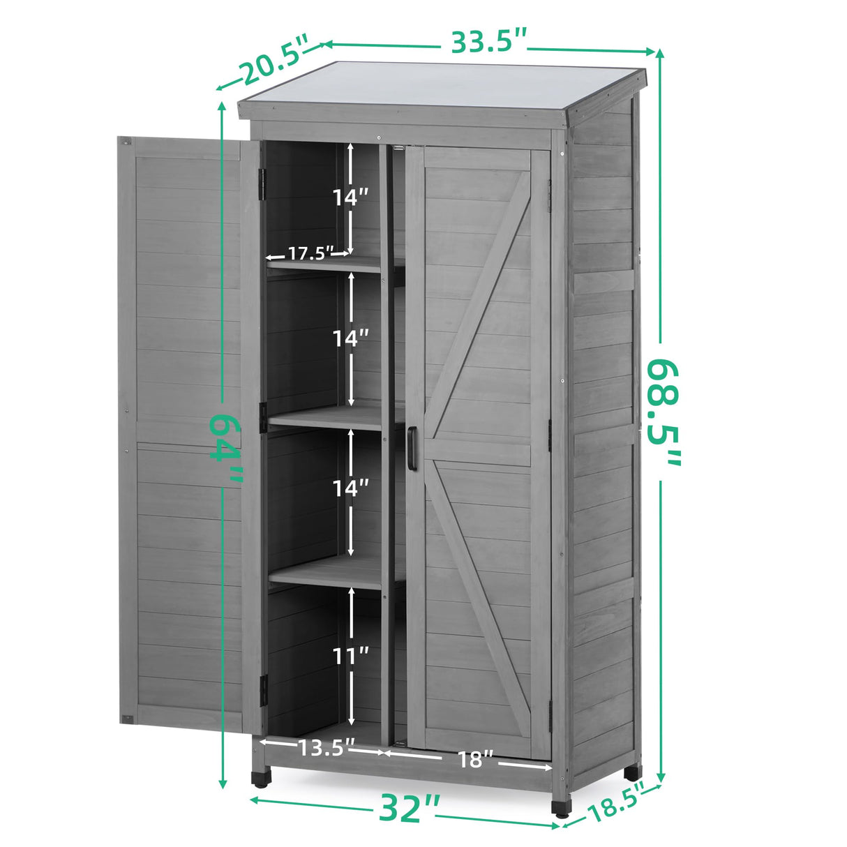 Outdoor Wood Storage Cabinet Metal Top Ample 68" Height Garden Shed for Yard & Patio Spaces Sturdy Storage Solution Yuan & Chuang