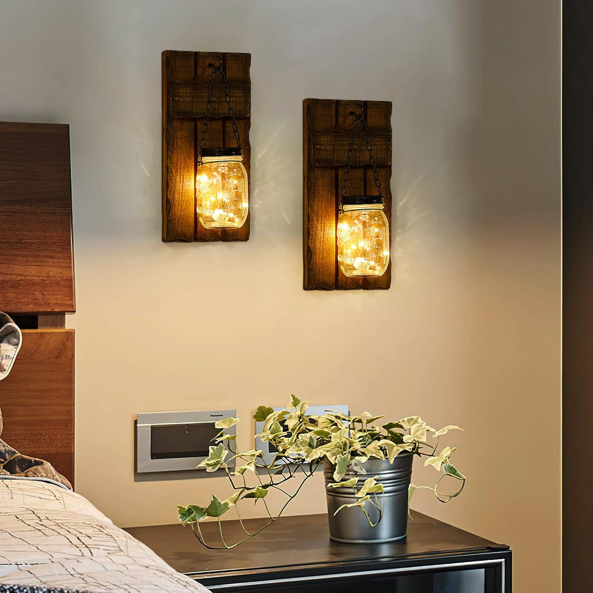 Iowuee Wall Candle Sconces Set of 2, Wall Candle Holder Rustic Home Decor, Farmhouse Wall Mounted Wooden Candle Holders with Lights, Wall Decorations for Bedroom, Living Room, Kitchen, Bathroom Iowuee