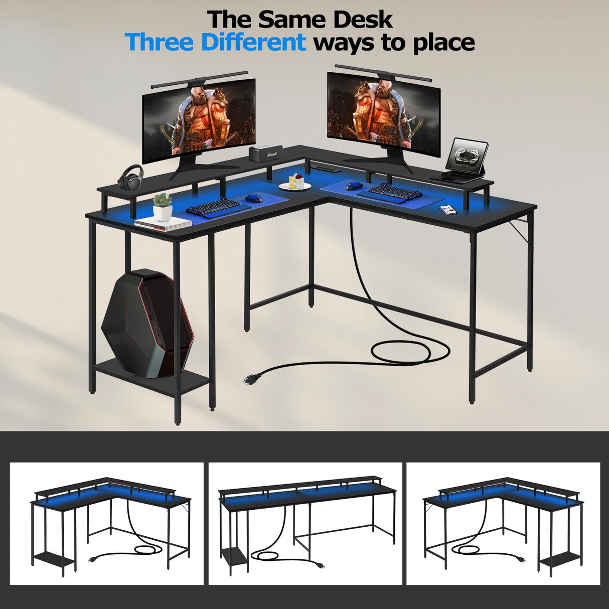 Panana 53.5" L Shaped Computer Desk Gaming Desk with LED Lights and Power Outlets, Reversible L Shaped Corner Desk with Monitor Stand, Home Office Desk with Shelf and USB Port (Black) Panana