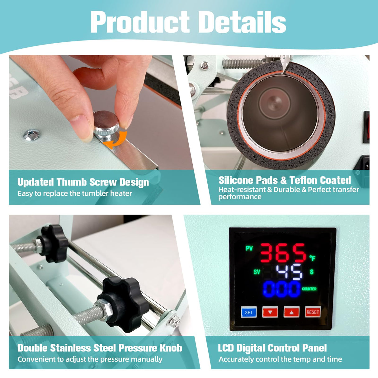 BetterSub 4in1 Set 3oz Shot Glass Tumbler Heat Press Machine 30oz 20oz Sublimation Straight Skinny Tumbler, 11oz 15oz 16oz 17oz Sublimation Mug Heat Transfer Teal BetterSub