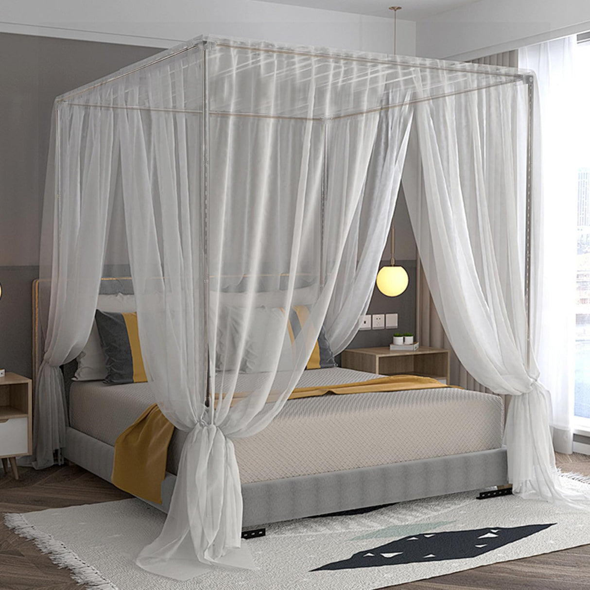 Stainless Steel Canopy Bed Frame by SEAYNFESH – Full Size Metal Frame with Sturdy Four Corners Design for Stylish Bedroom Decor SEAYNFESH