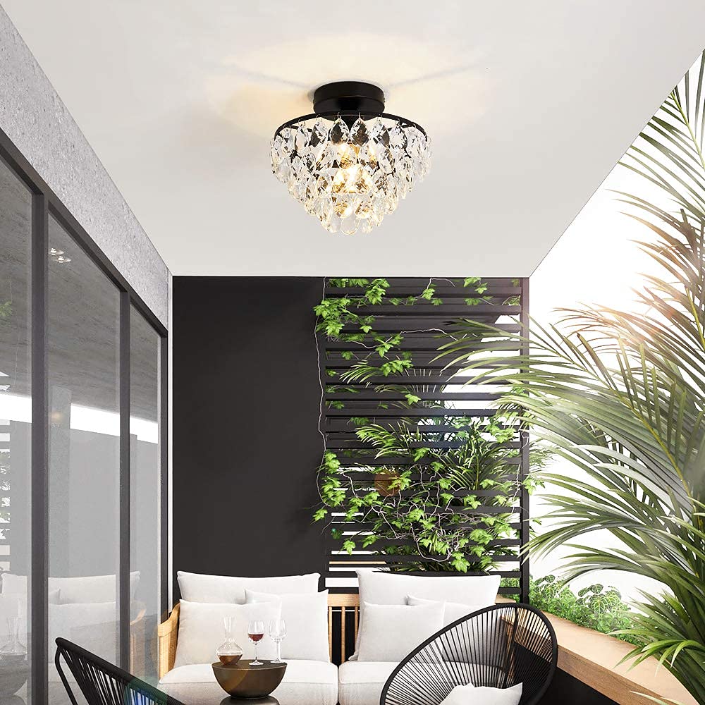 YYJLX Modern Small Crystal Ceiling Light Fixture Mini Black Semi Flush Mount Chandelier Light Fixture for Hallway Bedroom Bathroom Closet e26 YYJLX