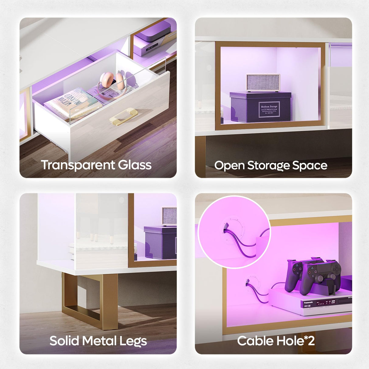 Bestier 80 Inch TV Stand for 65/75/85/90 Inch TVs, LED Gaming Entertainment Center with Open Storage and Half-Glass Design Drawer, Modern High Gloss Media Console for Living Room, White and Gold Bestier