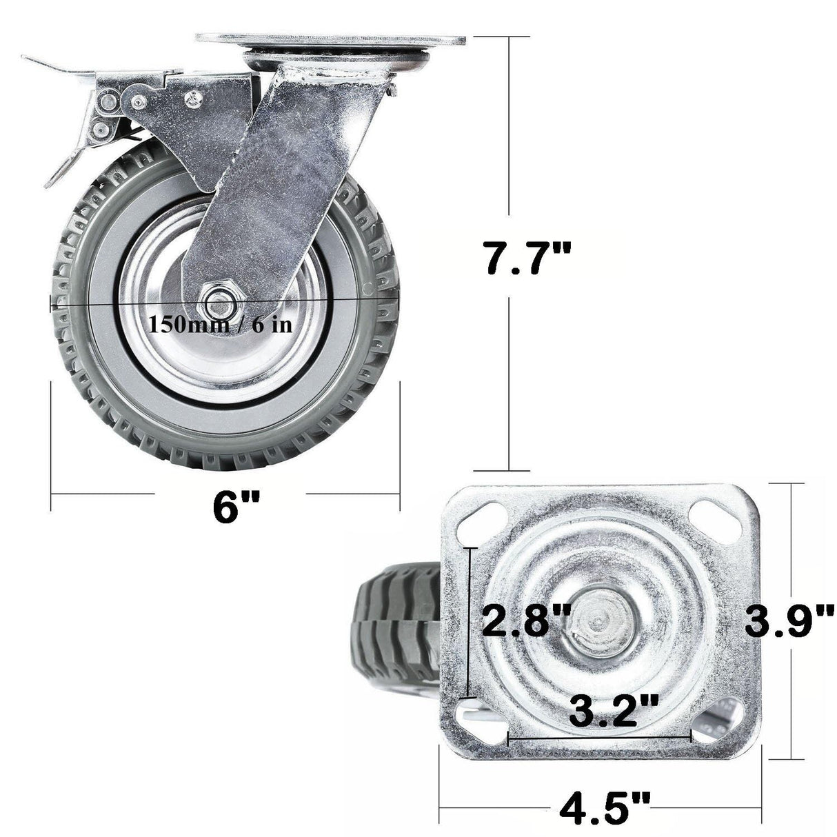 uyoyous 6 inch Caster Wheels Heavy Duty 4 Pack Anti-Skid Swivel Caster Load 1760 lbs Silent Ball Bearing Solid Wheel with 360° Rotation Top Plate (2 with Brakes& 2 Without) uyoyous