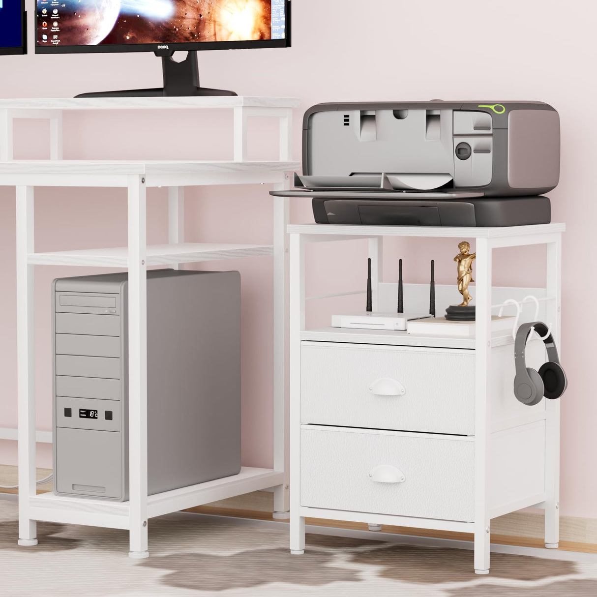 Furologee Nightstand with 2 Fabric Drawers, White Bedside Table, End Table with 2-Tier Shelf, Side Table with Hooks and Wood Top for Bedroom/Living Room/Hallway/White Furologee