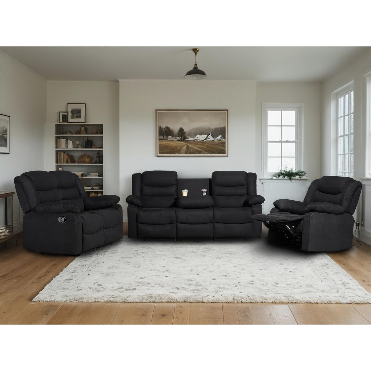 Recliner Sofa Set, Microfiber Manual Reclining Couch Set, 3 Piece Recliner Set with Loveseat, Dropdown Table& Cup Holders, Living Room/Office/Theater Seating (Black) UR livingroom
