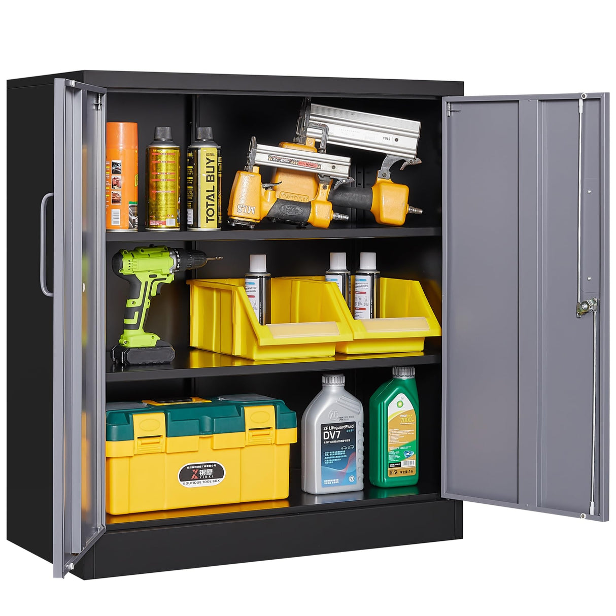 Metal Storage Cabinet with Doors and Shelves,Garage Storage Cabinet with Lock,Black Grey Metal Cabinet with Locking Doors,Steel Cabinet,Lockable Storage Cabinet for Home,Office,Garage Cabinets SISESOL