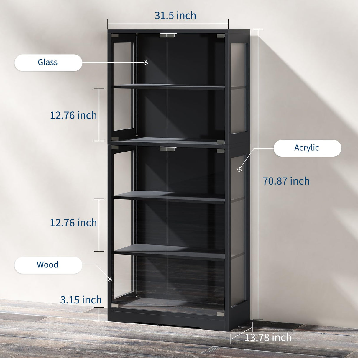 Patikuin 5 Layer Display Cabinet with Glass Doors, Modern Curio Cabinet with RGB Color Lights,Glass Display Cases for Collectibles, Tall Storage Cabinet(Black) Patikuin