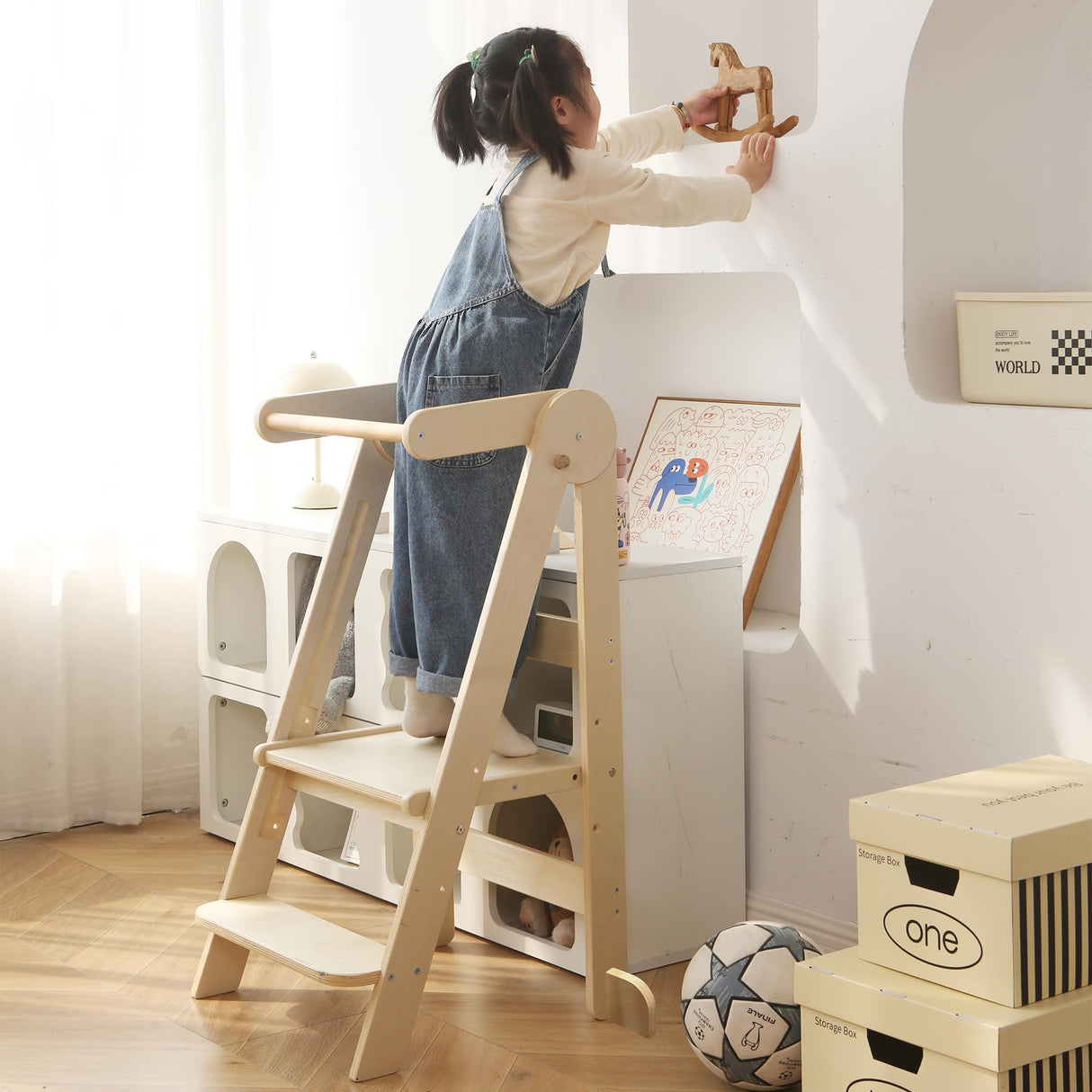 Foldable Toddler Tower 95% Preassembled Kitchen Stool Helper Folding Step Stool for Kids Montessori Toddler Standing Tower with 3 Adjustable Height Helper Tower for Kitchen Counter Sink Natural SHWWQUE