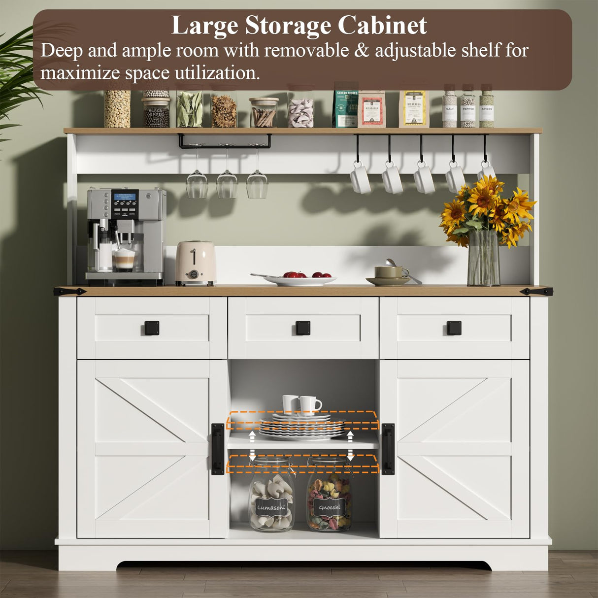 Gyfimoie Farmhouse Bar Cabinet with Hutch, Kitchen Buffet Cabinet with Storage Cabinet & 3 Sliding Drawers, Adjustable Shelf, Goblet Holder, Cup Hooks for Living Room, Dining Room Use (White) Gyfimoie