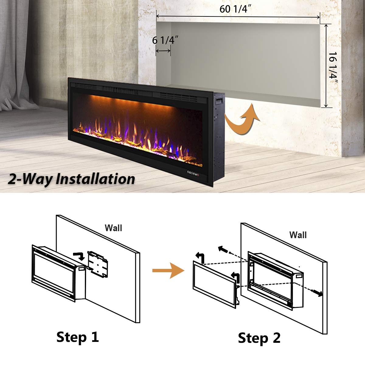 Valuxhome Electric Fireplace, 60 Inches Fireplace, Recessed and Wall Mounted Fireplaces for Living Room with Remote, Overheating Protection, Logset and Crystal, Touch Screen, 1500W/750W, Black Valuxhome