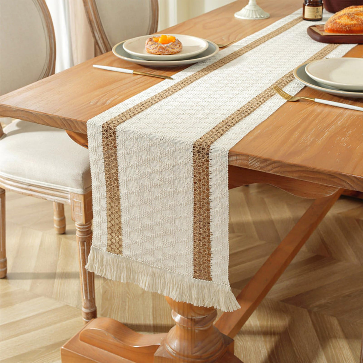 Niviy Boho Table Runner for Thanksgiving Christmas Winter Home Decor 72 Inches Long Farmhouse Macrame Table Runner Cotton Linen Woven Table Runners for Dining Table Decoration, Beige & Brown Niviy
