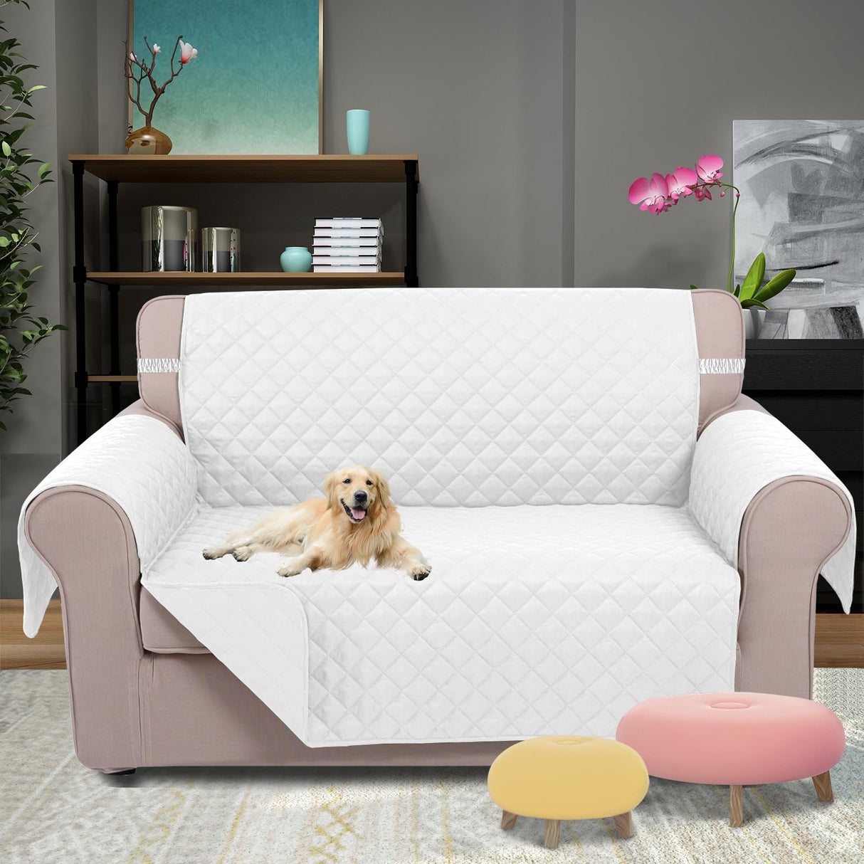 U-NICE HOME Loveseat Sofa Cover Reversible Couch Cover for Dogs with Elastic Straps Water Resistant Furniture Protector for Pets Couch Cover for 2 Cushion Couch (Loveseat, White/White) U-NICE HOME