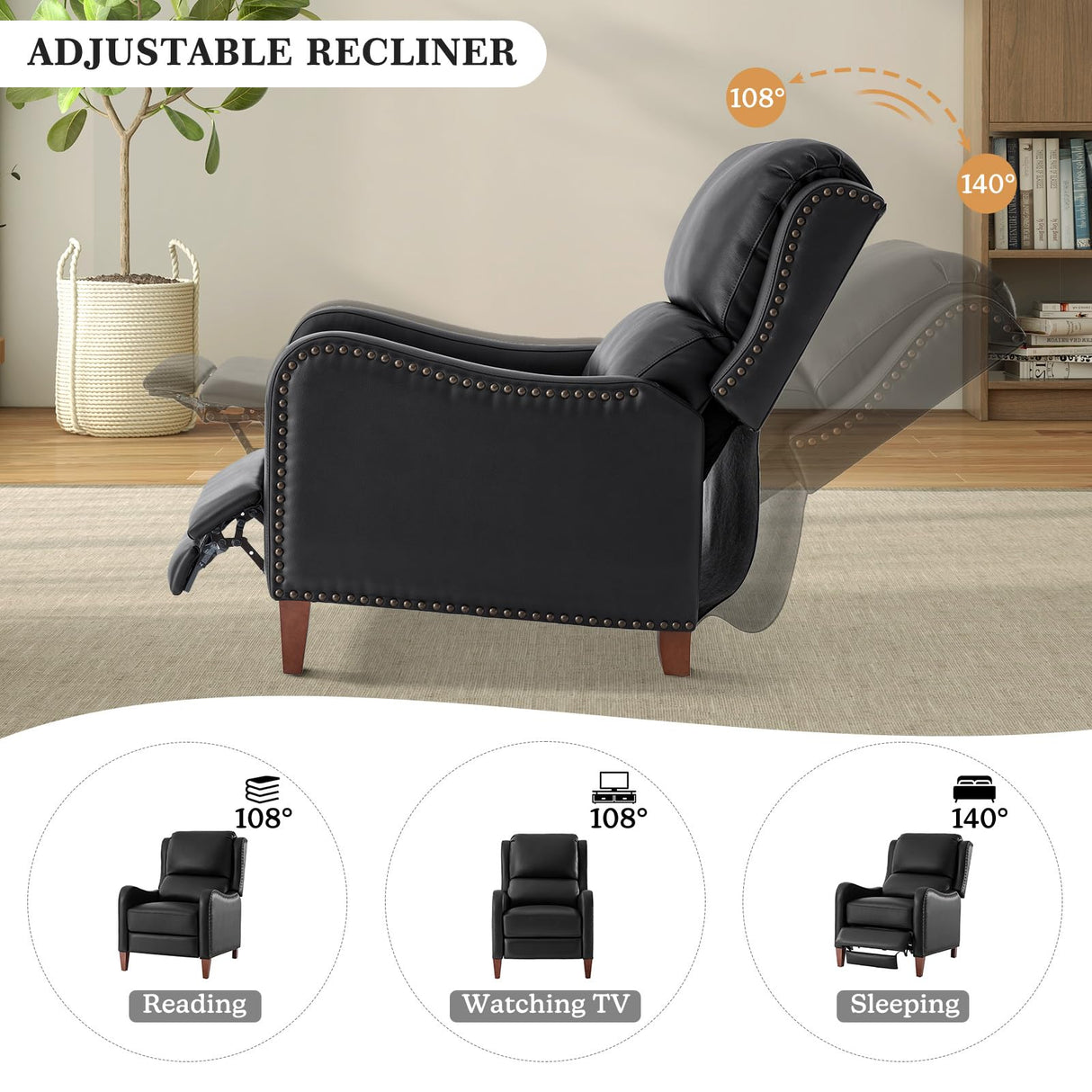 HULALA HOME Leather Recliner Chair, Modern Push Back Recliner Chair with Adjustable Backrest & Footrest, Casual Single Leather Sofa, Comfy Upholstered Club Chair for Living Room, Bedroom, Black HULALA HOME