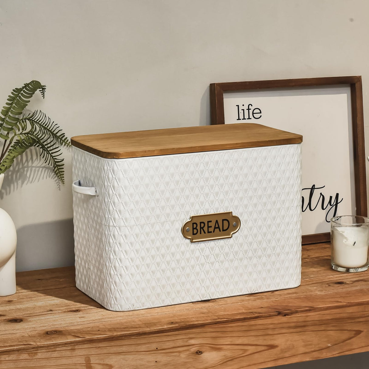 EMAX HOME Farmhouse Style Rectangle Bread Box with Wooden Lid Vertical Spacious Bread Storage Container for Kitchen Countertop White(16.5 * 9 * 6.3 Inches EMAX HOME