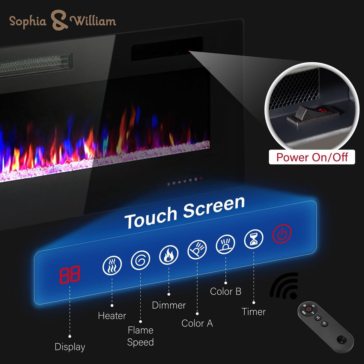 Sophia & William Electric Fireplace 72 Inch Wall Mounted & Recessed, Ultrathin 3.86" Electric Heater with Remote Control Touch Screen Noiseless, Fit for 2 x 4 & 2 x 6 Stud, Flame Color Adjustable Sophia & William
