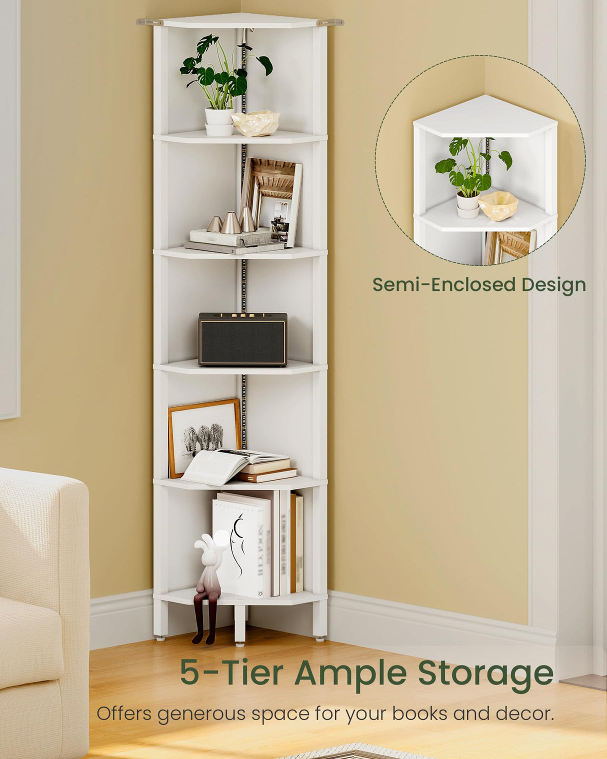 CHOEZON LED Corner Shelf with Lights, 5-Tier Diamond Shape Bookshelf, Standing Narrow Storage Organizer for Living Room, Bedroom, Office, Study, White MCJ03DWB CHOEZON