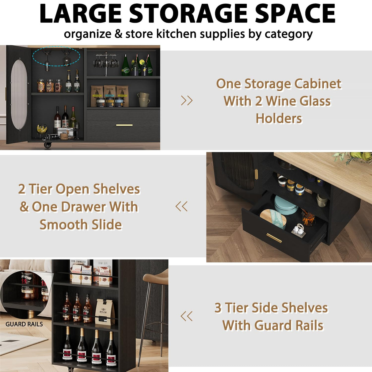 HSH 72" Rolling Kitchen Island with Seating, 360° Swivel Table, Kitchen Island with Storage Cabinet, Drawer & Shelves, Farmhouse Mobile Island Cart on Wheels for Dining Room & Home Bar, Black Oak HSH