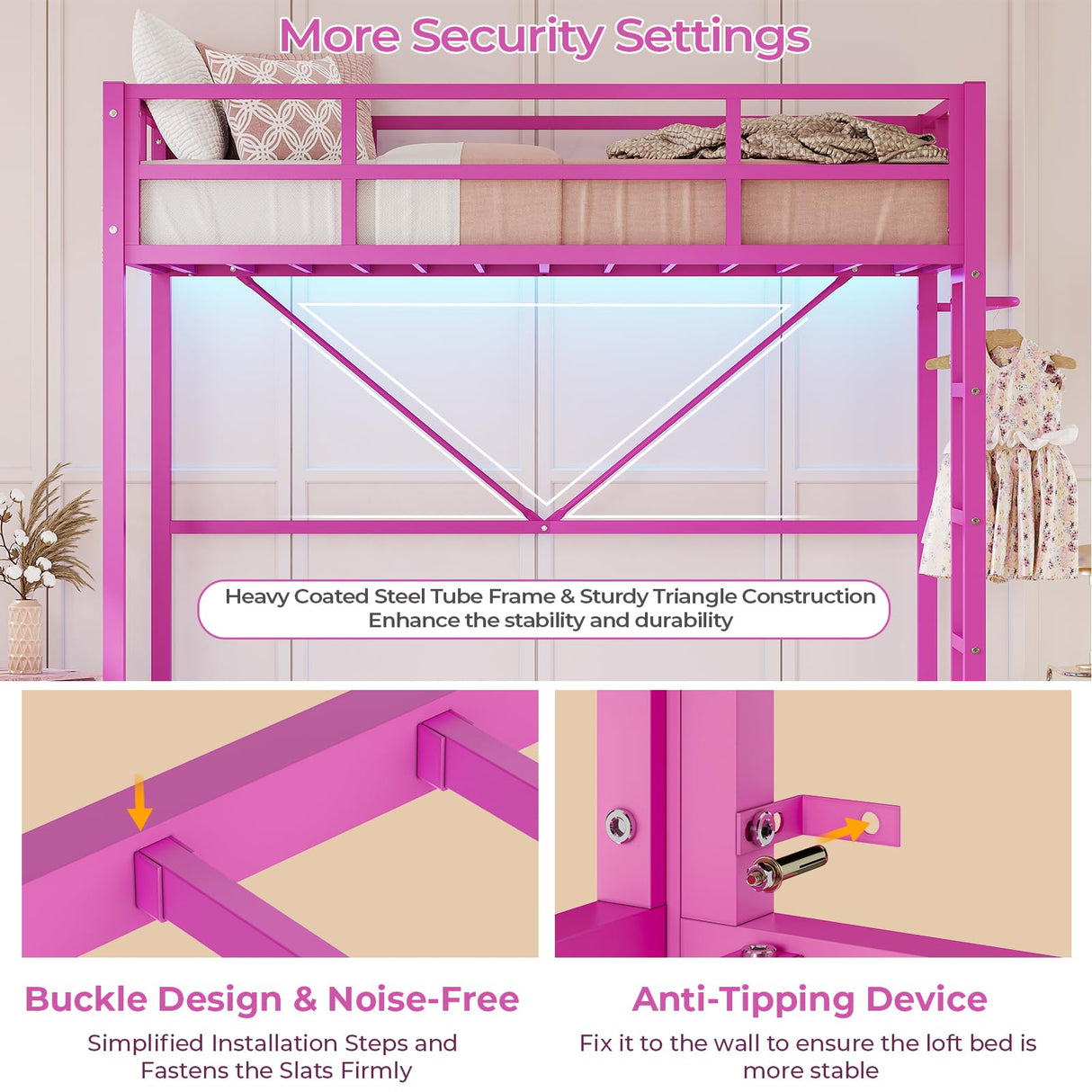 DICTAC Loft Bed Twin Size with Led Lights Metal Twin Loft Bed Frame with Full-Length Guardrail and Stair for Junior, Heavy Duty Metal Slats Support,Noise-Free, Space-Saving, No Box Spring Needed, Pink DICTAC