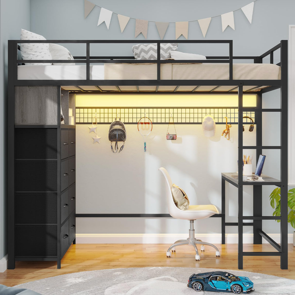BTHFST Twin Loft Bed with Desk & 8 Storage Drawers Tall Dresser, Black Metal Loft Bed with LED Lights & Charging Station, 2-Tier Storage Shelves, Stable & Sturdy, Noise Free, Space Saving, Grey BTHFST