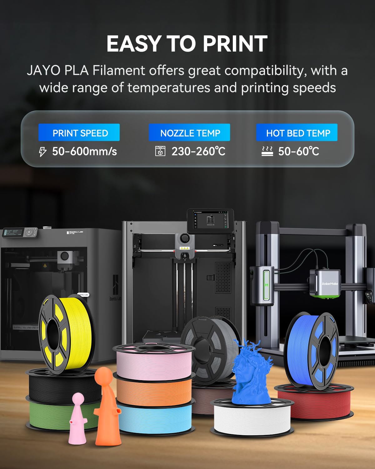 JAYO PLA 3D Printer Filament Bundle 11KG, PLA Filament 1.75mm Bulk, 10 Pack 1.1kg Spool (Black,White,Gray,Pri-Cyan,Cherry Red,Olive Green,Sunny Orange,Pri-Yellow,Sakura Pink,Chocolate) JAYO