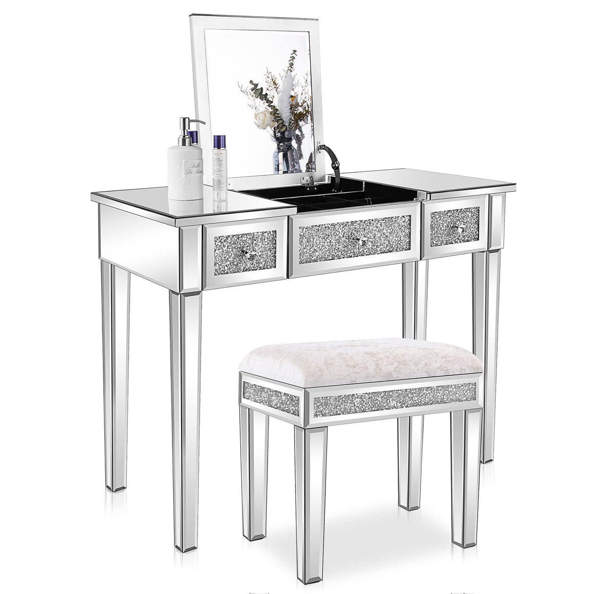 VINGLI Mirrored Vanity Desk with Drawers and Flip Mirror, Glass Vanity, Mirrored Vanity Table, Mirror Vanity Silver Desk, Mirrored Makeup Vanity Table for Bedroom/Makeup Room, Silver VINGLI