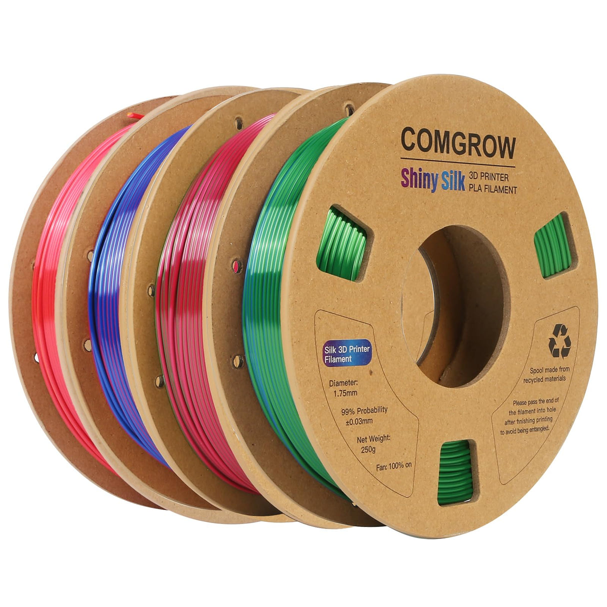 Comgrow Silk Shiny Rainbow Multi-Color 3D Printer Filament, Comgrow 3D Printing Materials Silk PLA 1.75mm, 3D Printing Filament +/-0.02mm, 250g X 4 Spool Red Gold + Red Green + Red Blue + Blue Green Comgrow