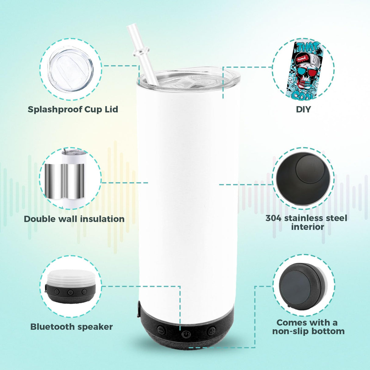 ZREGGUR 6pack 20oz cups Bluetooth Tumbler with Straw and Lid, Double-Wall Stainless Steel Vacuum Insulation Sublimation Tumbler Blank, RemovableRechargeable Bluetooth Wireless Speaker White ZREGGUR