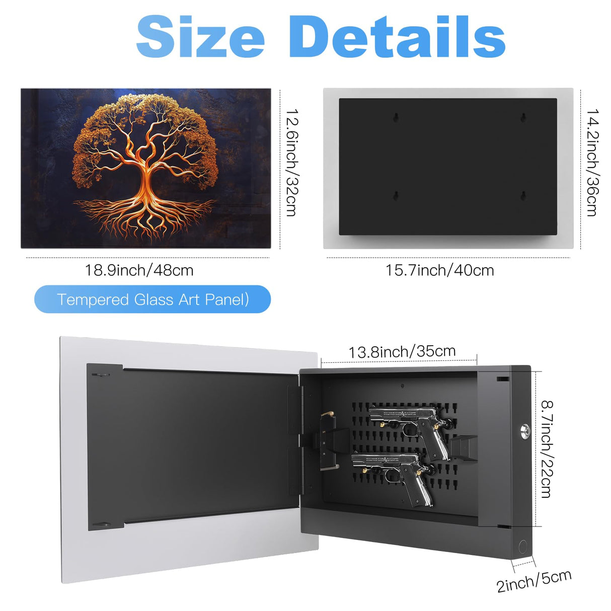 Biometric Gun Safe for Handgun, Pistol Safe with Fingerprint & KEY Access, Tree of Life Tempered Glass Hidden Gun Storage with Decor Function For Wall-Mounted PJJSZST