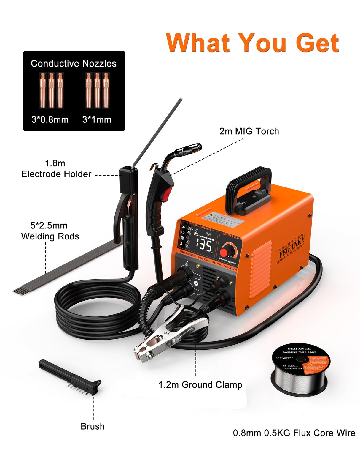 FEIFANKE 135A Flux Core MIG Welder, 110V 3-IN-1 MIG/ARC/Lift TIG Welding Machine with 1 lb .030'' Wire, MIG Torch and 5 PCS Rods, Gasless Welder with IGBT, DC Inverter, Synergy For Repair Work FEIFANKE