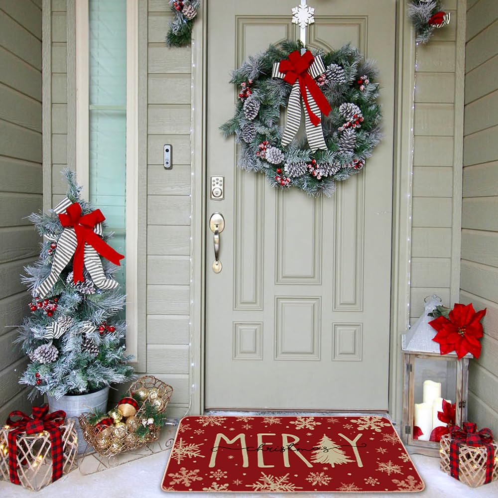 Heirloom Haven Merry Christmas Snowflakes Red Winter Doormat 17 x 29 Inch, Christmas Tree Holiday Decorative Throw Mat Non-Skid Entryway Mat Washable Floor Mats for Bedroom Living Room Kitchen Heirloom Haven