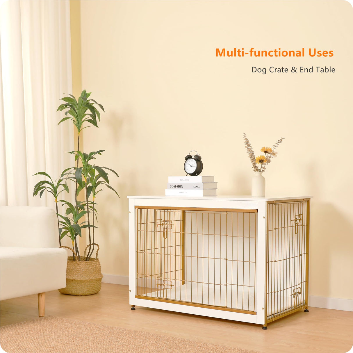 DWANTON Dog Crate Furniture with Cushion, Wooden Kennel Table with Double Doors, Indoor Dog House, Large Size, 38.5" L, White Dwanton