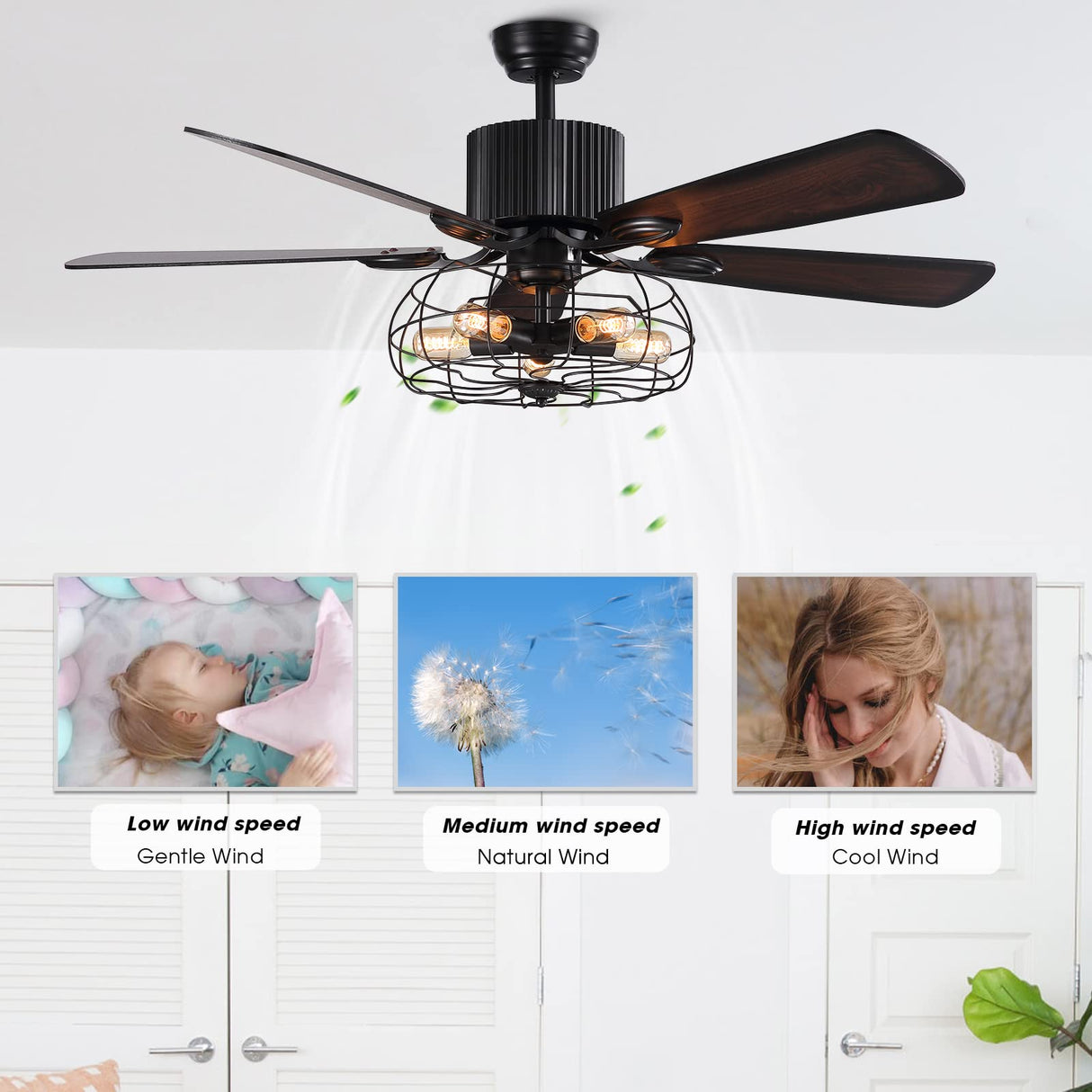 APBEAMLighting Industrial Caged Ceiling Fan Light with Remote Control 52 Inch Vintage Ceiling Fan Light Farmhouse Black Retro Indoor Fandelier with 5 Reversible Wood Blades for Living Room Bedroom APBEAMLighting