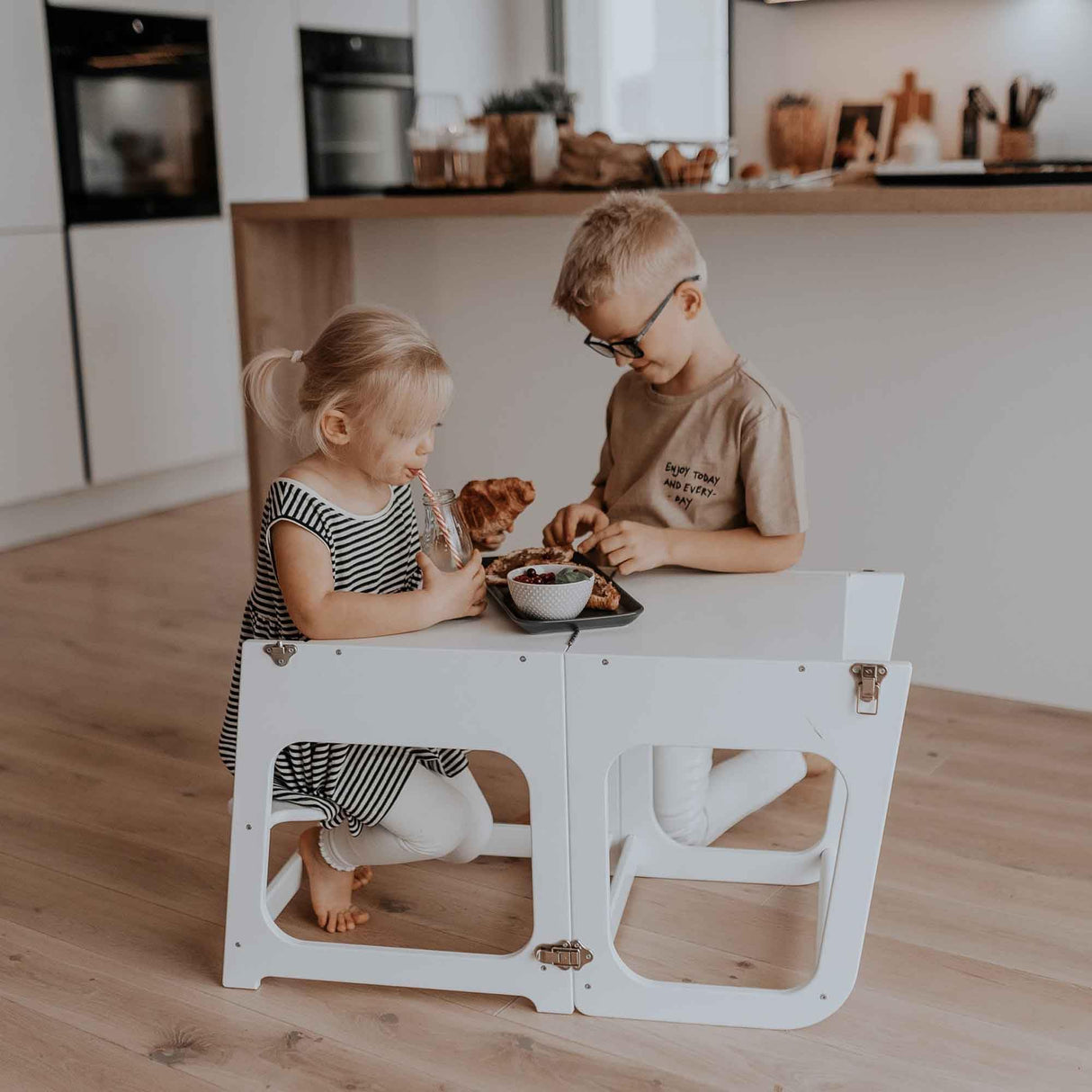 2-in-1 Transformable Kitchen tower - Kitchen observation tower for Toddlers - Montessori tower for Children - Foldable weaning Table and Chair Sweet Home From Wood