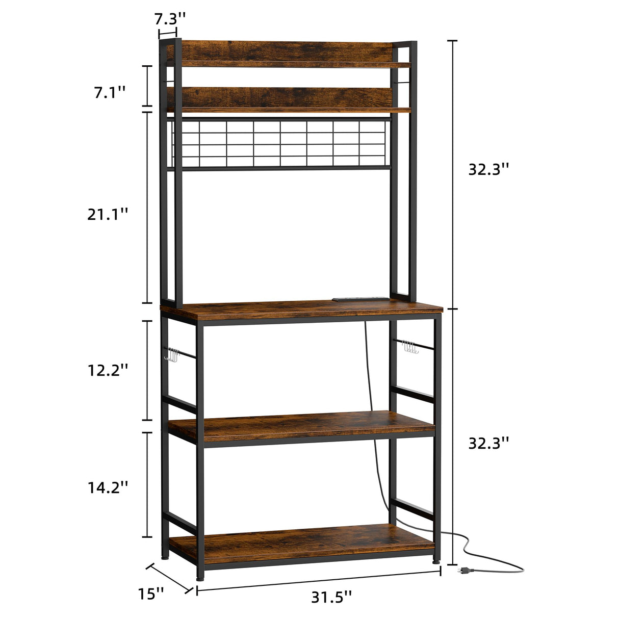 Shintenchi Bakers Rack with Power Outlet, Large Storage Space, 10 Hooks Coffee Bar with Metal Wire Panel, High Microwave Stand, Classic Kitchen Storage Shelf Design, Vintage Brown Shintenchi