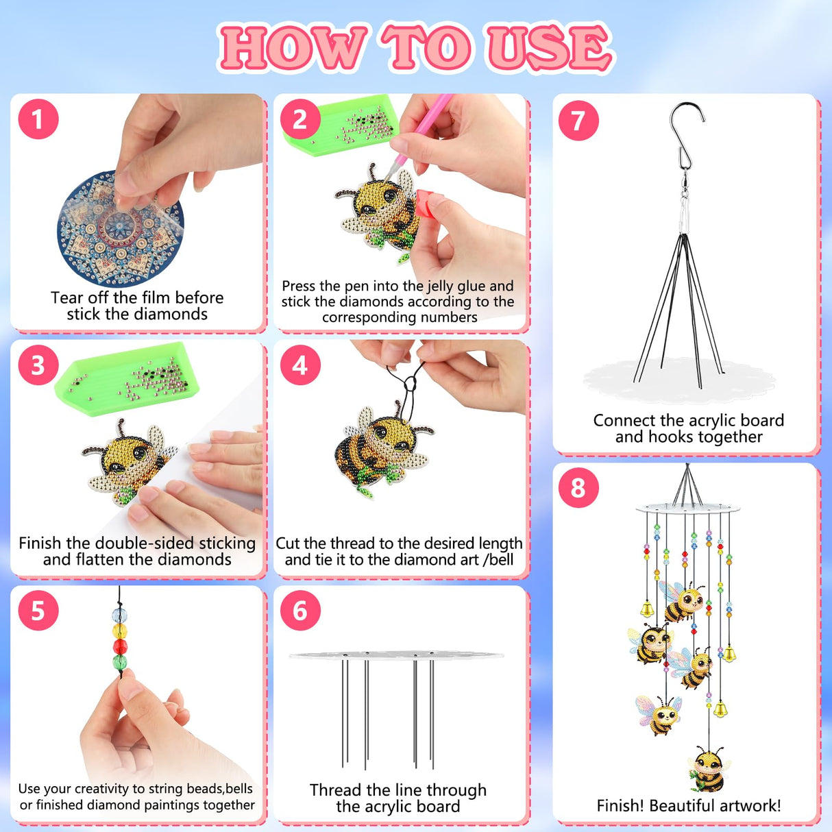 Bowetile 5D Diamond Art Kits for Adults, Bee Diamond Art Wind Chimes, Diamond Painting DIY Wind Chime Kit, Diamond Painting Wind Chimes Suncatchers, Art Kits for Adults Teens Garden Home Decor Bowetile