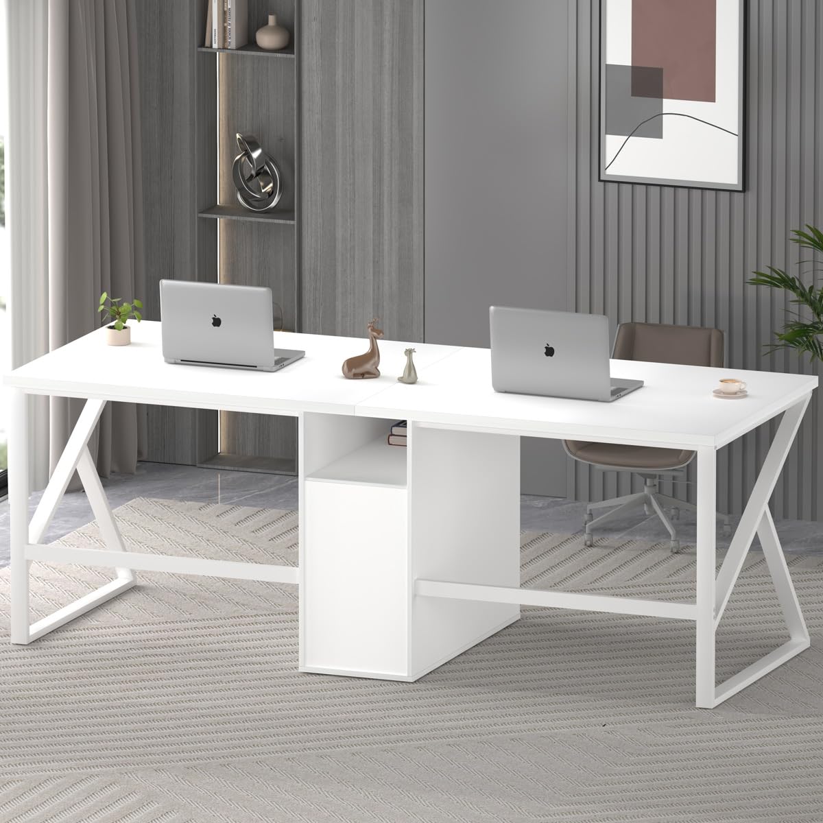 IBF White Two Person Computer Desk, Long Wood Writing Study Desk with File Drawer, Modern Large Dual Office Desk with Storage Cabinet Shelf, 2 Person Farmhouse Work Executive Double Computer Table, 79 IBF