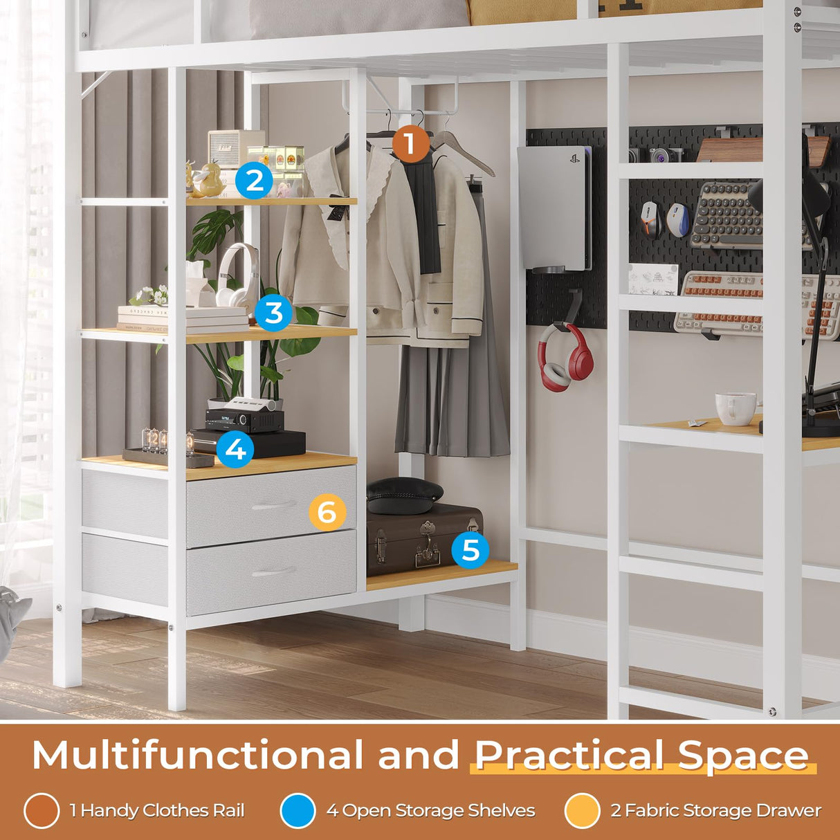 DICTAC Twin Loft Bed with Desk, Charging Station, Storage, Safety Features, and RGB LED Lights - White DICTAC