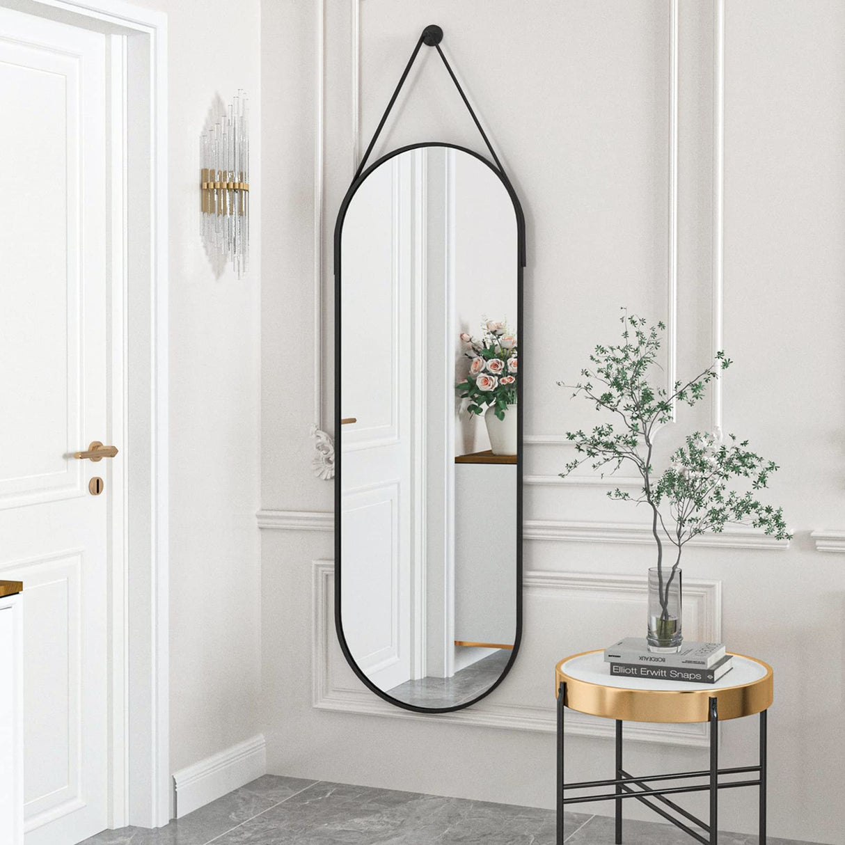 HARRITPURE 16"x48" Oval Hanging Mirror with Leather Strap Full Length Mirror Aluminum Frame Wall-Mounted Hanging Mirrors for Bathroom Vanity Living Room Bedroom Entryway Decor HARRITPURE