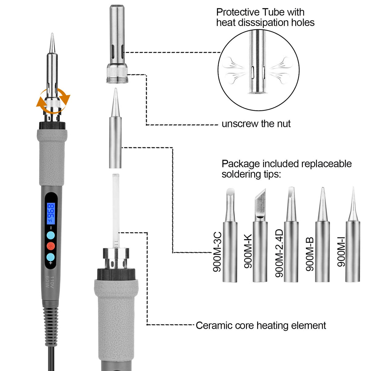 Welding Soldering Iron with Thermostatic Digital-Controlled and LCD Screen Display, 60 W Temperature Adjustable 180℃/356℉-480℃/896℉ with 5 PCS Soldering Bits, 2 Soldering Iron Stands & 1 Sponge IMAGE