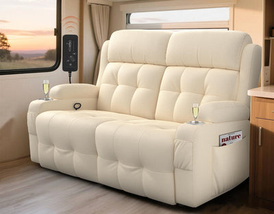 RV Loveseat Recliner Sofa, Oversized Massage Wall Hugger Recliner Couch with Side Pockets, Cup Holders, Reclining Sleeper, 150° Adjustable Recline & Padded Armrests, for RV (Beige White, Loveseat)