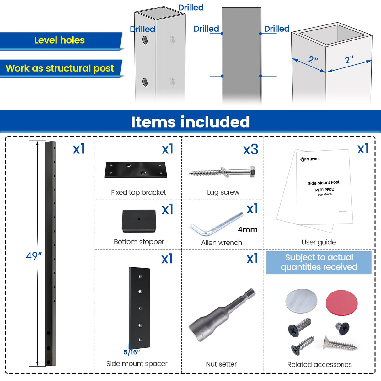 Muzata Black Side Mount Cable Railing Post 42 Inch 42"x2"x2" Level Drilled Space-Saving Stainless Steel Cable Railing System Kit Indoor Outdoor with User Guide PF02 BH4L Muzata
