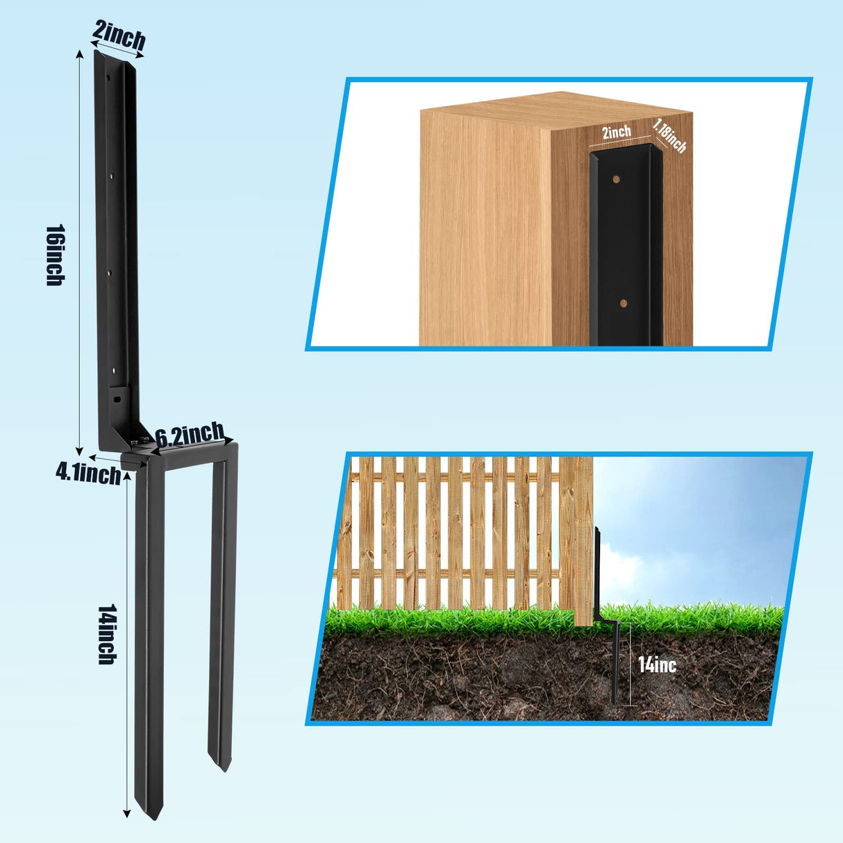 Nrspp Heavy Duty Steel Fence Post Repair Stakes, 2 Pcs Fence Post Anchor Double Ground Spike for Repair Tilted/Broken Wood Fence Post Nrspp